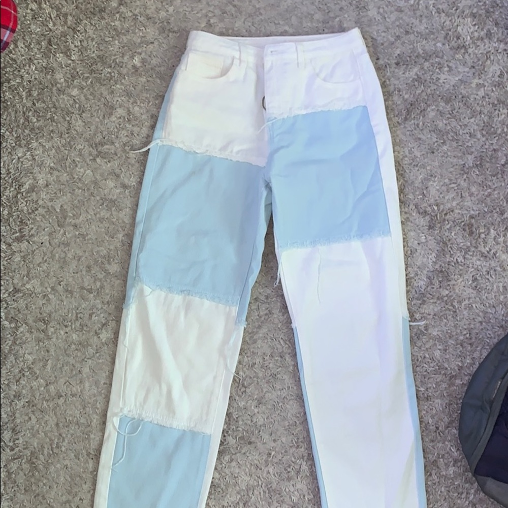 Blue and white patchwork jeans